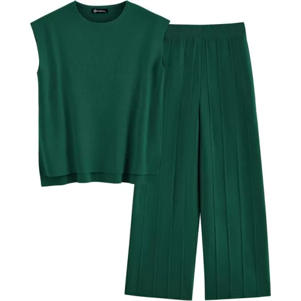 imagePRETTYGARDEN Womens 2 Piece Outfits Knit Loungewear High Low Pullover Tops and Wide Leg Pants Casual Sweater Sets TracksuitsDark Green