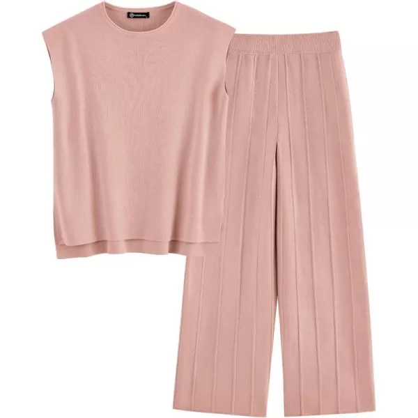 imagePRETTYGARDEN Womens 2 Piece Outfits Knit Loungewear High Low Pullover Tops and Wide Leg Pants Casual Sweater Sets TracksuitsLight Pink