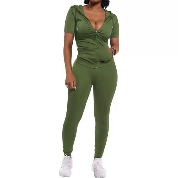 imagePRETTYGARDEN Womens 2 Piece Outfits Short Sleeve Zip Up Hoodie Tops Long Pants Bodycon Sweatsuit Tracksuit SetsArmy Green