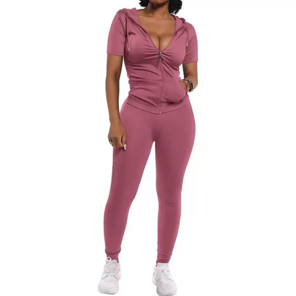 imagePRETTYGARDEN Womens 2 Piece Outfits Short Sleeve Zip Up Hoodie Tops Long Pants Bodycon Sweatsuit Tracksuit SetsBean Paste Pink