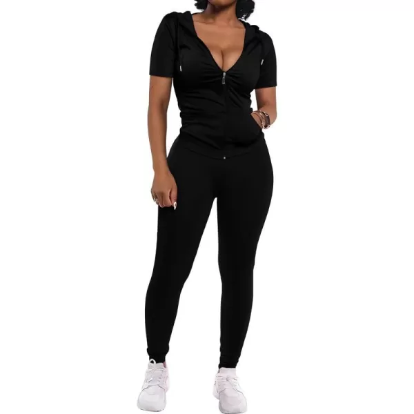 imagePRETTYGARDEN Womens 2 Piece Outfits Short Sleeve Zip Up Hoodie Tops Long Pants Bodycon Sweatsuit Tracksuit SetsBlack