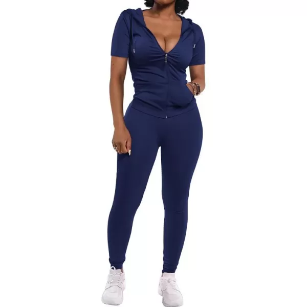 imagePRETTYGARDEN Womens 2 Piece Outfits Short Sleeve Zip Up Hoodie Tops Long Pants Bodycon Sweatsuit Tracksuit SetsDark Blue