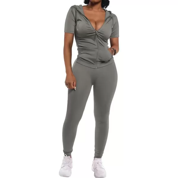 imagePRETTYGARDEN Womens 2 Piece Outfits Short Sleeve Zip Up Hoodie Tops Long Pants Bodycon Sweatsuit Tracksuit SetsGrey