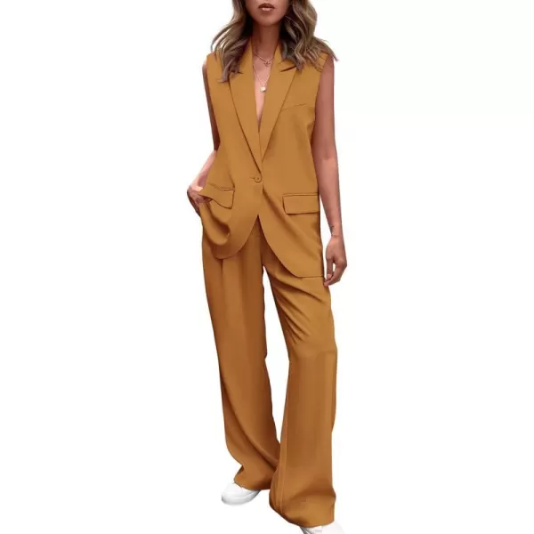 imagePRETTYGARDEN Womens 2 Piece Outfits Sleeveless Suit Vest and Wide Leg Pants Business Casual Blazer SetsBrown Yellow