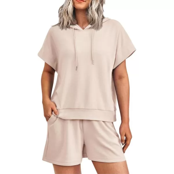 imagePRETTYGARDEN Womens 2 Piece Outfits Summer Cap Sleeve Hoodie Tops And Lounge Shorts Sweatsuits SetsBeige