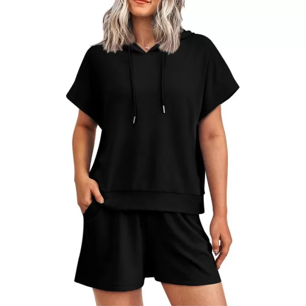 imagePRETTYGARDEN Womens 2 Piece Outfits Summer Cap Sleeve Hoodie Tops And Lounge Shorts Sweatsuits SetsBlack