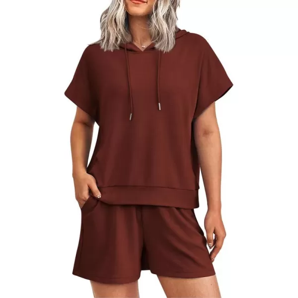 imagePRETTYGARDEN Womens 2 Piece Outfits Summer Cap Sleeve Hoodie Tops And Lounge Shorts Sweatsuits SetsBrick Red