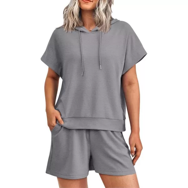 imagePRETTYGARDEN Womens 2 Piece Outfits Summer Cap Sleeve Hoodie Tops And Lounge Shorts Sweatsuits SetsGrey