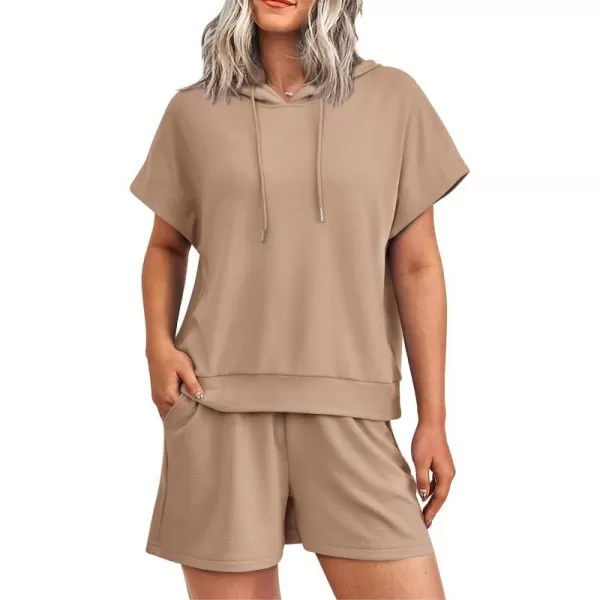 imagePRETTYGARDEN Womens 2 Piece Outfits Summer Cap Sleeve Hoodie Tops And Lounge Shorts Sweatsuits SetsKhaki