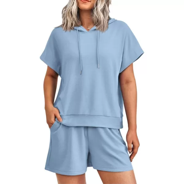 imagePRETTYGARDEN Womens 2 Piece Outfits Summer Cap Sleeve Hoodie Tops And Lounge Shorts Sweatsuits SetsLight Blue