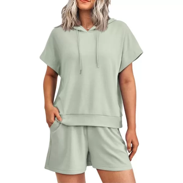 imagePRETTYGARDEN Womens 2 Piece Outfits Summer Cap Sleeve Hoodie Tops And Lounge Shorts Sweatsuits SetsLight Green