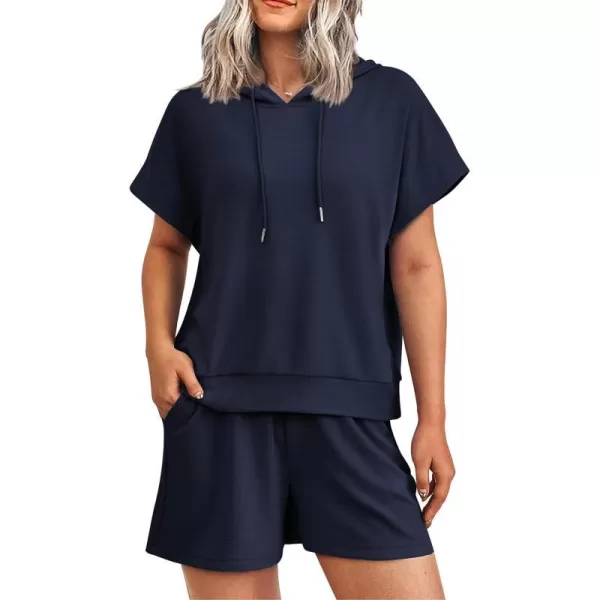imagePRETTYGARDEN Womens 2 Piece Outfits Summer Cap Sleeve Hoodie Tops And Lounge Shorts Sweatsuits SetsNavy