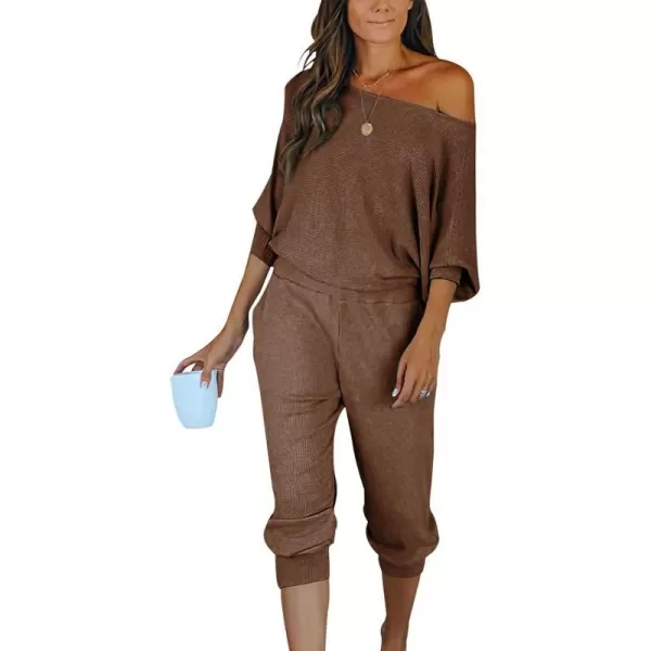 imagePRETTYGARDEN Womens 2 Piece Ribbed Tracksuit Outfits Off Shoulder Long Sleeve Pullover Long Pants with PocketsCoffee