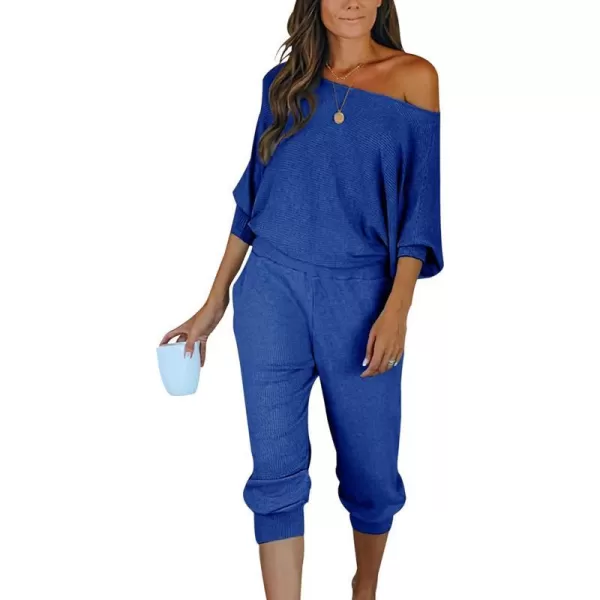 imagePRETTYGARDEN Womens 2 Piece Ribbed Tracksuit Outfits Off Shoulder Long Sleeve Pullover Long Pants with PocketsDark Blue