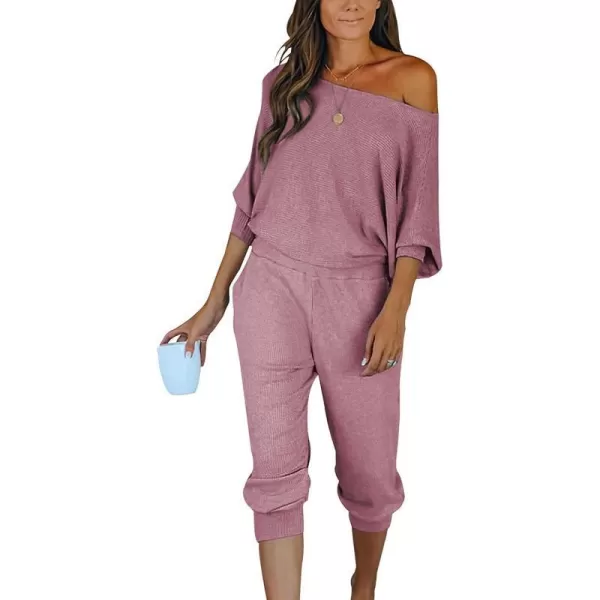 imagePRETTYGARDEN Womens 2 Piece Ribbed Tracksuit Outfits Off Shoulder Long Sleeve Pullover Long Pants with PocketsDusty Pink