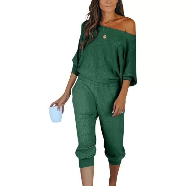 imagePRETTYGARDEN Womens 2 Piece Ribbed Tracksuit Outfits Off Shoulder Long Sleeve Pullover Long Pants with PocketsGreen
