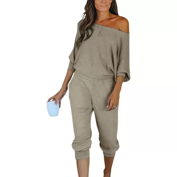 imagePRETTYGARDEN Womens 2 Piece Ribbed Tracksuit Outfits Off Shoulder Long Sleeve Pullover Long Pants with PocketsGrey