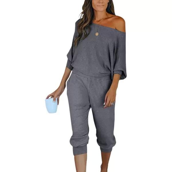 imagePRETTYGARDEN Womens 2 Piece Ribbed Tracksuit Outfits Off Shoulder Long Sleeve Pullover Long Pants with PocketsGrey Blue