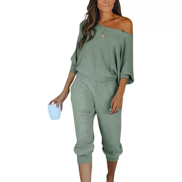 imagePRETTYGARDEN Womens 2 Piece Ribbed Tracksuit Outfits Off Shoulder Long Sleeve Pullover Long Pants with PocketsLight Green