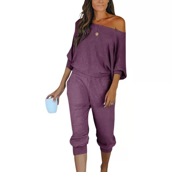 imagePRETTYGARDEN Womens 2 Piece Ribbed Tracksuit Outfits Off Shoulder Long Sleeve Pullover Long Pants with PocketsPurple Red