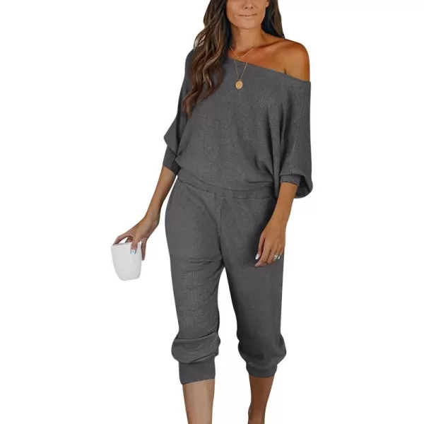 imagePRETTYGARDEN Womens 2 Piece Ribbed Tracksuit Outfits Off Shoulder Long Sleeve Pullover Lounge Pants with PocketsDark Grey