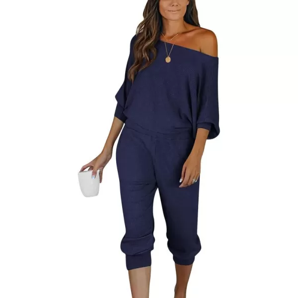 imagePRETTYGARDEN Womens 2 Piece Ribbed Tracksuit Outfits Off Shoulder Long Sleeve Pullover Lounge Pants with PocketsDark Sea Blue