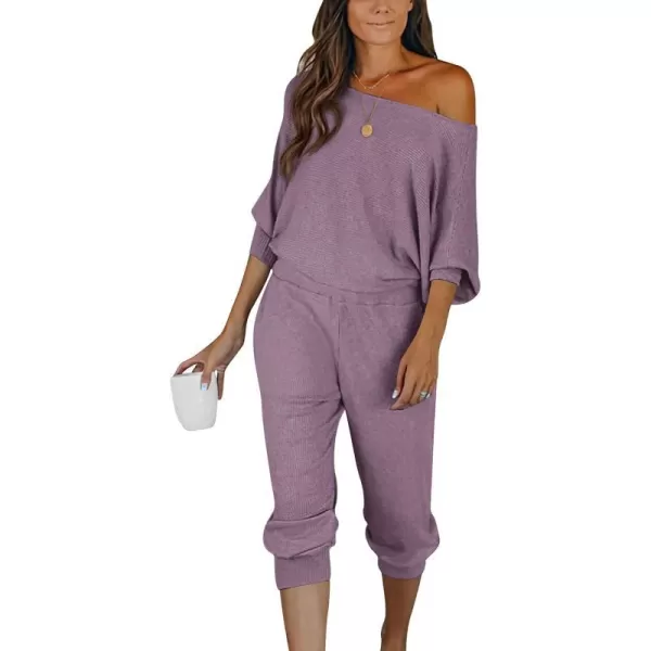 imagePRETTYGARDEN Womens 2 Piece Ribbed Tracksuit Outfits Off Shoulder Long Sleeve Pullover Lounge Pants with PocketsDeep Purple