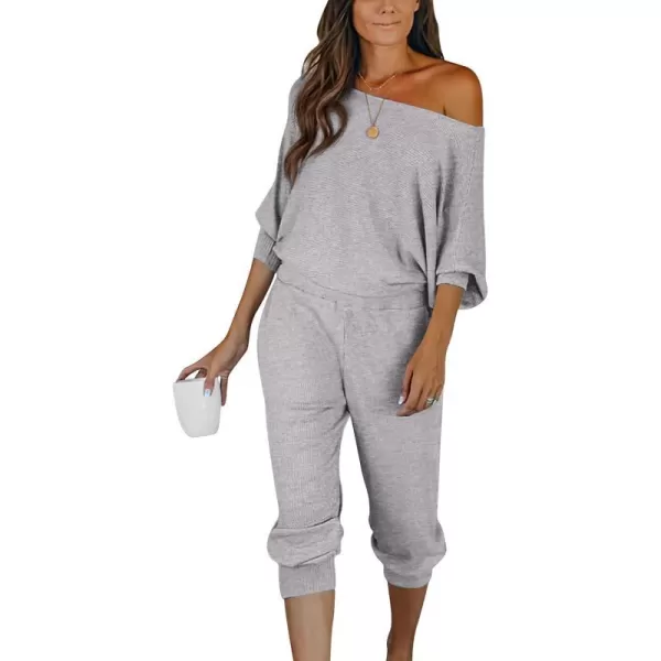 imagePRETTYGARDEN Womens 2 Piece Ribbed Tracksuit Outfits Off Shoulder Long Sleeve Pullover Lounge Pants with PocketsLight Grey