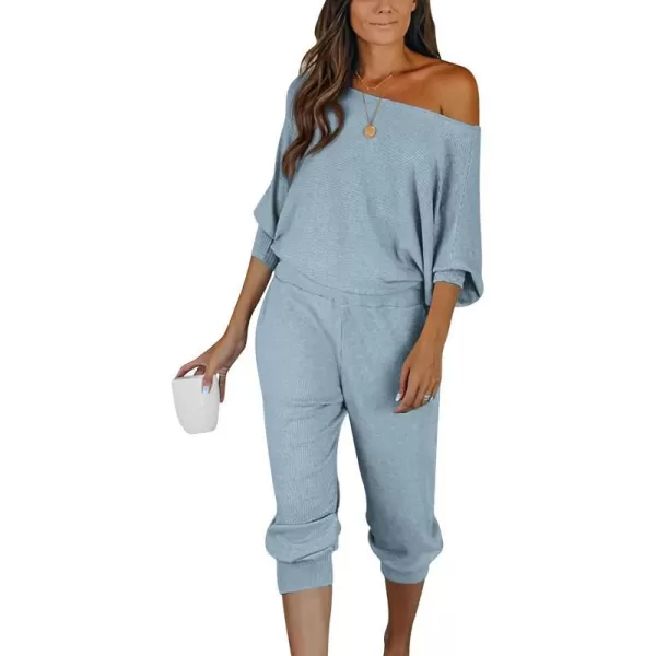 imagePRETTYGARDEN Womens 2 Piece Ribbed Tracksuit Outfits Off Shoulder Long Sleeve Pullover Lounge Pants with PocketsLight Grey Blue