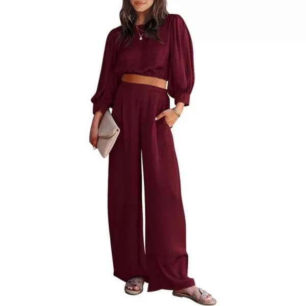 imagePRETTYGARDEN Womens 2 Piece Satin Outfits Casual Puff Sleeve Crop Tops and Long Palazzo PantsWine Red