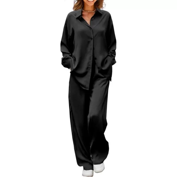 imagePRETTYGARDEN Womens 2 Piece Satin Outfits Long Sleeve Button Down Tops Wide Leg Pants Silk Loungewear Pajama SetsBlack