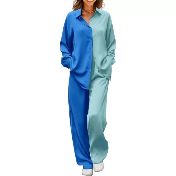 imagePRETTYGARDEN Womens 2 Piece Satin Outfits Long Sleeve Button Down Tops Wide Leg Pants Silk Loungewear Pajama SetsBluesky Blue