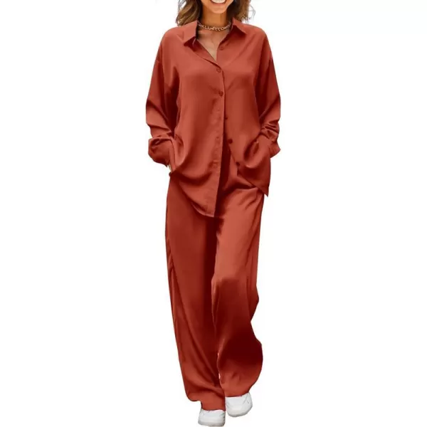 imagePRETTYGARDEN Womens 2 Piece Satin Outfits Long Sleeve Button Down Tops Wide Leg Pants Silk Loungewear Pajama SetsBrown Red