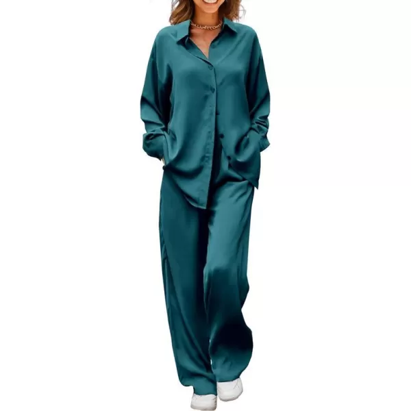 imagePRETTYGARDEN Womens 2 Piece Satin Outfits Long Sleeve Button Down Tops Wide Leg Pants Silk Loungewear Pajama SetsDark Green