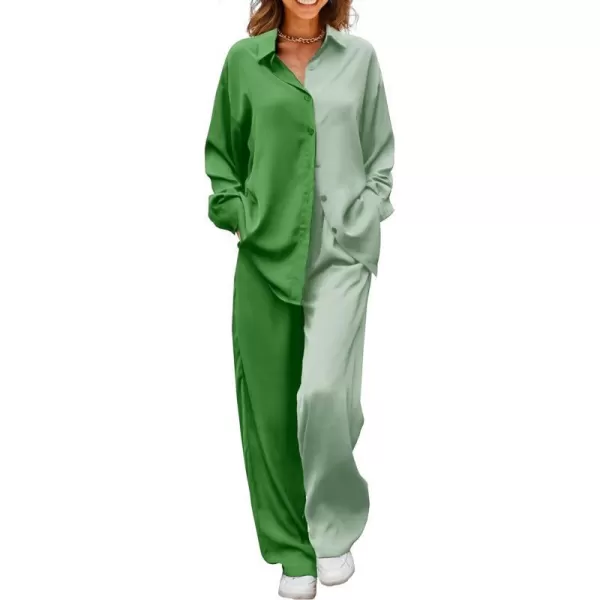 imagePRETTYGARDEN Womens 2 Piece Satin Outfits Long Sleeve Button Down Tops Wide Leg Pants Silk Loungewear Pajama SetsGrass Greenlight Green