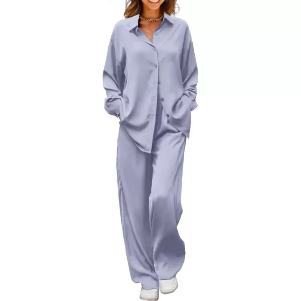 imagePRETTYGARDEN Womens 2 Piece Satin Outfits Long Sleeve Button Down Tops Wide Leg Pants Silk Loungewear Pajama SetsLight Blue