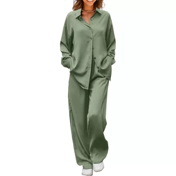 imagePRETTYGARDEN Womens 2 Piece Satin Outfits Long Sleeve Button Down Tops Wide Leg Pants Silk Loungewear Pajama SetsLight Green
