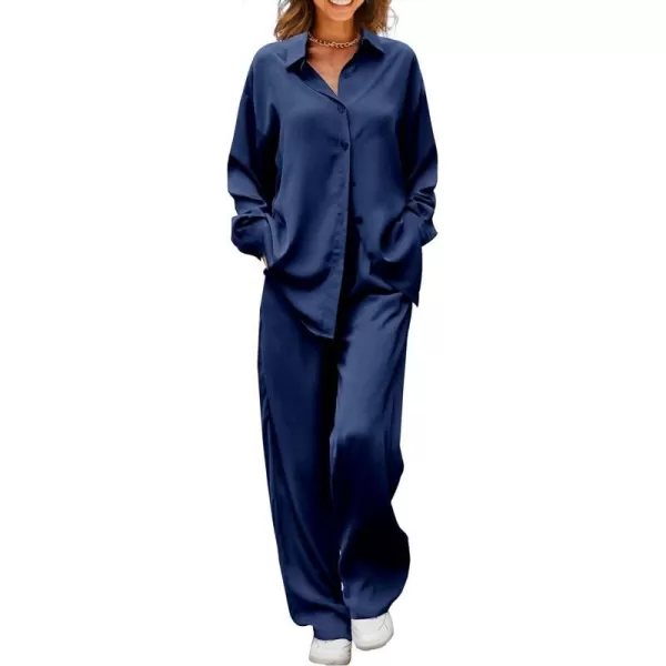 imagePRETTYGARDEN Womens 2 Piece Satin Outfits Long Sleeve Button Down Tops Wide Leg Pants Silk Loungewear Pajama SetsNavy