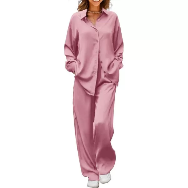 imagePRETTYGARDEN Womens 2 Piece Satin Outfits Long Sleeve Button Down Tops Wide Leg Pants Silk Loungewear Pajama SetsPink
