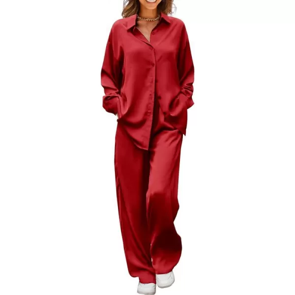 imagePRETTYGARDEN Womens 2 Piece Satin Outfits Long Sleeve Button Down Tops Wide Leg Pants Silk Loungewear Pajama SetsRed