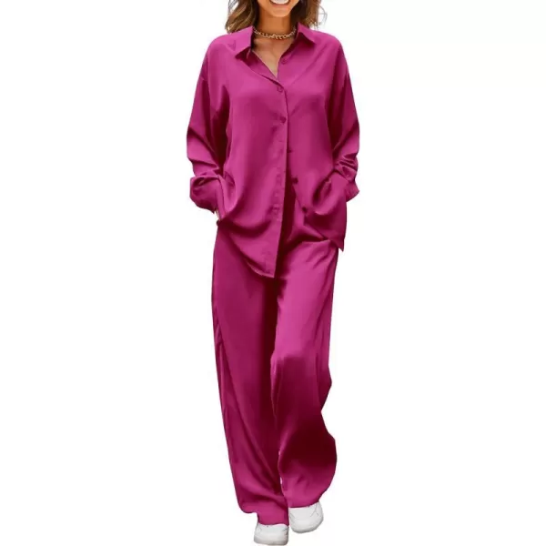 imagePRETTYGARDEN Womens 2 Piece Satin Outfits Long Sleeve Button Down Tops Wide Leg Pants Silk Loungewear Pajama SetsRose Red