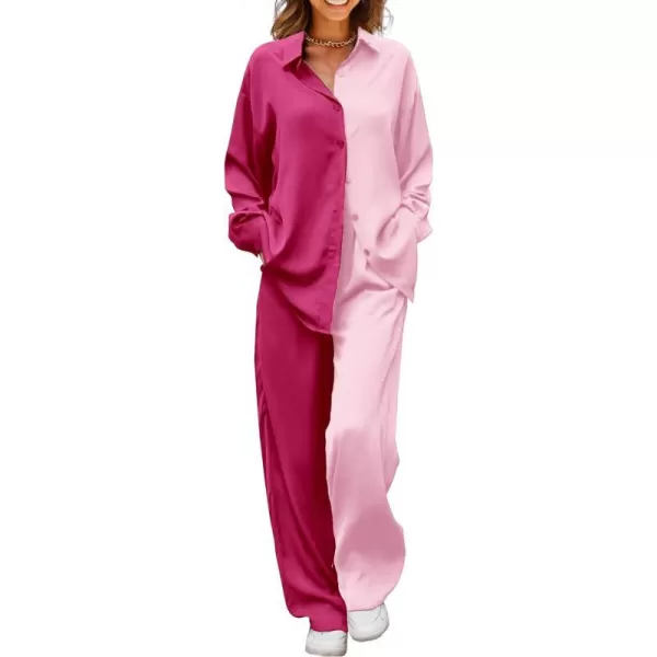 imagePRETTYGARDEN Womens 2 Piece Satin Outfits Long Sleeve Button Down Tops Wide Leg Pants Silk Loungewear Pajama SetsRose Redpink