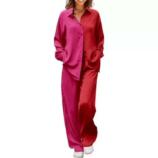 imagePRETTYGARDEN Womens 2 Piece Satin Outfits Long Sleeve Button Down Tops Wide Leg Pants Silk Loungewear Pajama SetsRose Redred