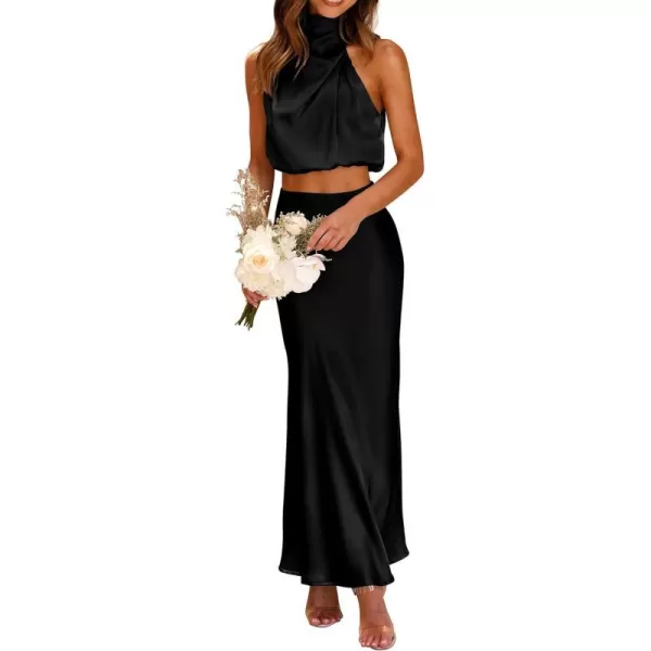 imagePRETTYGARDEN Womens 2 Piece Satin Outfits Summer Sleeveless Mock Neck Crop Tops And Long Skirt Dress SetsBlack