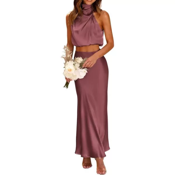 imagePRETTYGARDEN Womens 2 Piece Satin Outfits Summer Sleeveless Mock Neck Crop Tops And Long Skirt Dress SetsBrick Red