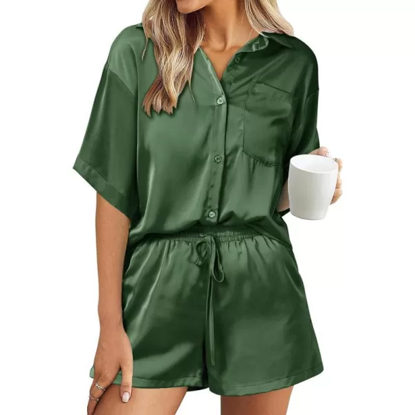 imagePRETTYGARDEN Womens 2 Piece Satin Pajama Sets Short Sleeve Button Down Tops And Shorts Set 2023 Summer Pjs Silk SleepwearArmy Green