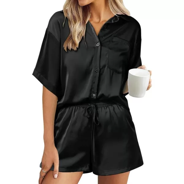 imagePRETTYGARDEN Womens 2 Piece Satin Pajama Sets Short Sleeve Button Down Tops And Shorts Set 2023 Summer Pjs Silk SleepwearBlack