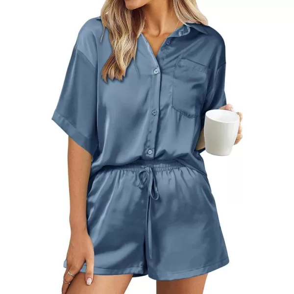 imagePRETTYGARDEN Womens 2 Piece Satin Pajama Sets Short Sleeve Button Down Tops And Shorts Set 2023 Summer Pjs Silk SleepwearGrey Blue
