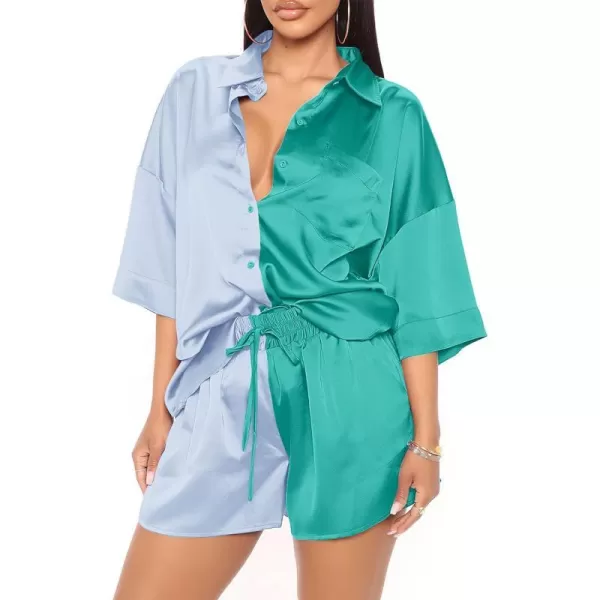 imagePRETTYGARDEN Womens 2 Piece Satin Pajama Sets Short Sleeve Button Down Tops And Shorts Set 2023 Summer Pjs Silk SleepwearLight Blueblue Green