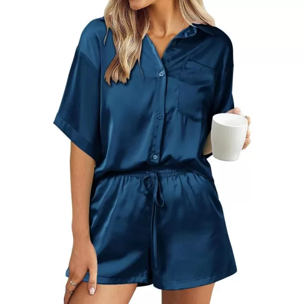 imagePRETTYGARDEN Womens 2 Piece Satin Pajama Sets Short Sleeve Button Down Tops And Shorts Set 2023 Summer Pjs Silk SleepwearNavy